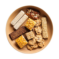 Energy bars and cereal, perfectly arranged on a tray for nutrition