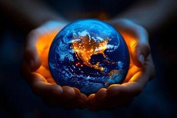 Fototapeta premium Hands holding the planet glowing planet Earth. Concept of environmental protection and global responsibility, globe, world map, planet protection, environment