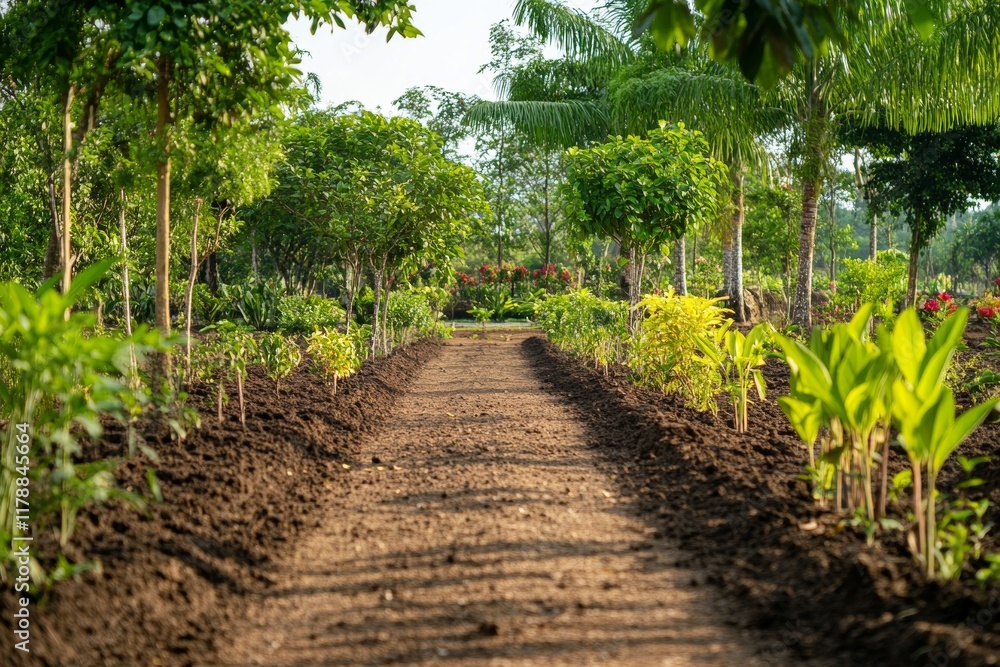 Poster dirt path in a garden with trees and plants. the path is surrounded by dirt and has a few trees on e