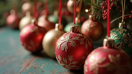 Red gold green Christmas baubles decorated with gold leaf pattern hanging on tree branches, festive holiday decor for winter celebration with blurred rustic wooden blue background and warm lights
