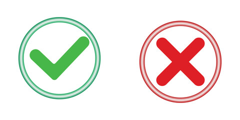 Right or wrong icons. Tick, Cross sign symbol. Yes-No, Approved-disapproved, Accepted-Rejected, Right-Wrong, Correct-False, Green-Red, Ok-Not. Vector illustration.
