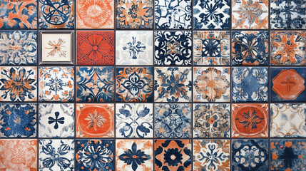 Digital artwork showcasing a collection of ceramic wall tiles with vibrant, artistic patterns for stylish decoration.