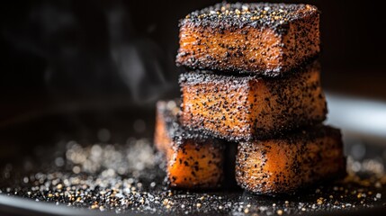 Close-up view of pork belly on a dark background, showcasing texture with room for text.