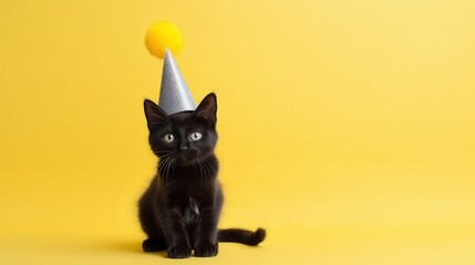 Obraz premium Cute Cat Wearing Birthday Hat Against Bright Yellow Background with Cheerful Atmosphere and Playful Vibes Suitable for Celebratory Themes