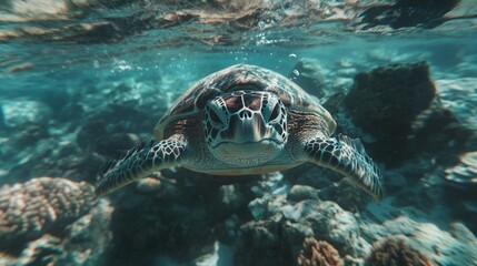 Fototapeta premium Underwater Sea Turtle Closeup Ocean Wildlife Coral Reef