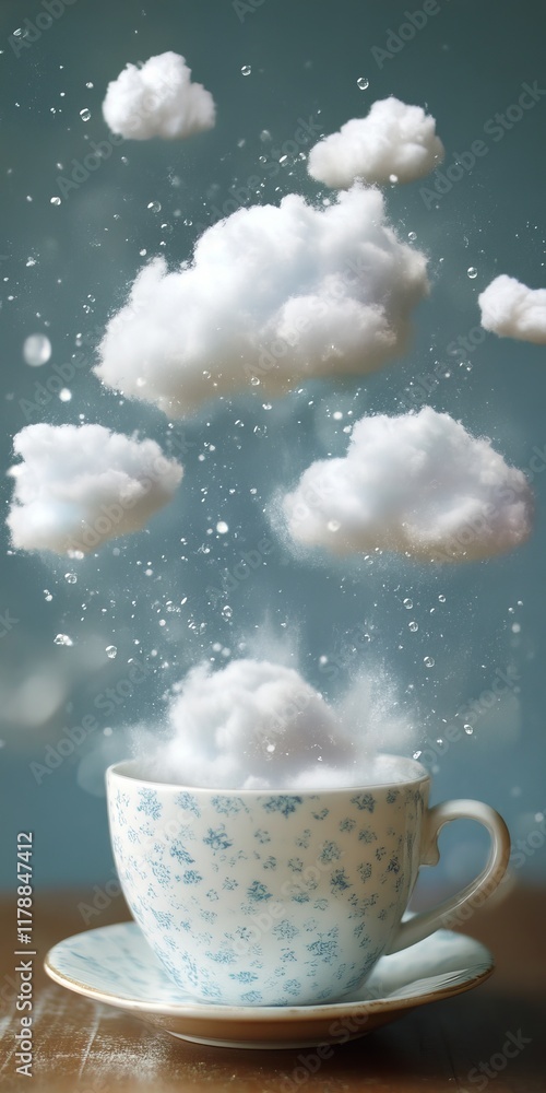 Aufkleber dreamy scene of clouds hovering over a teacup, creating a whimsical and imaginative atmosphere.