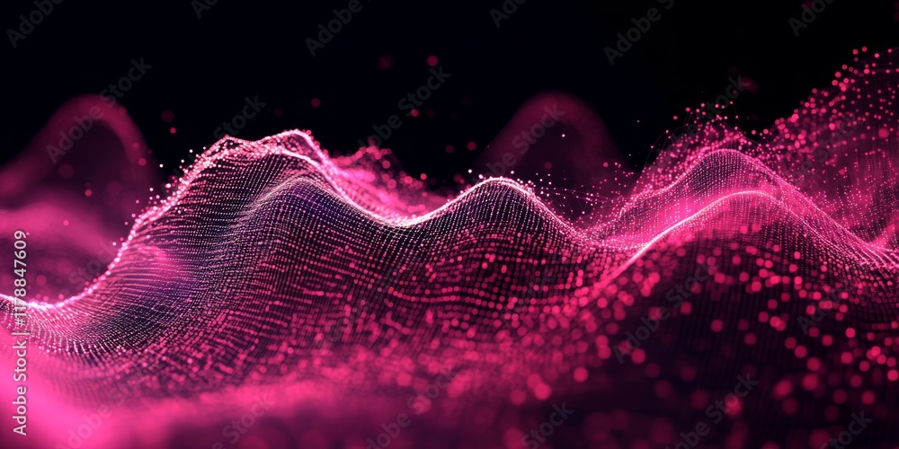 Poster this captivating abstract image features vibrant pink digital waves accompanied by sparkling particl