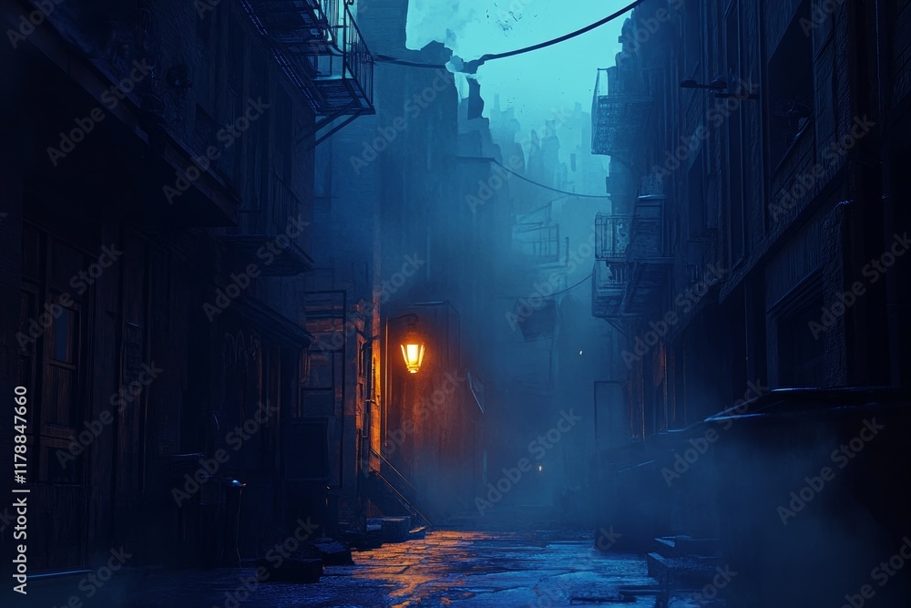 Poster a dark and atmospheric alley shrouded in fog and illuminated by a single lamp, creating a mysterious