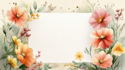 Watercolor blank greeting card template, floral border. Holiday template with copy space