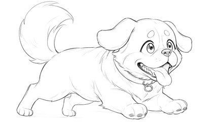 Playful Cartoon Dog Sketch Ready for Coloring. A charming Line art/hand-drawn sketch of a cartoon dog