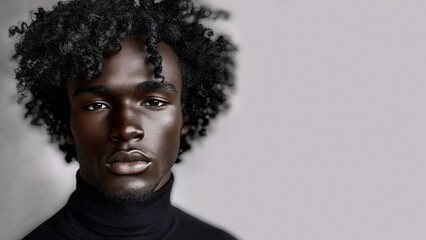 Obraz premium Copy-space for text. Minimalistic background. Black male model thin aquiline nose long curly hair. Black man. Wow trends. Fashion. Elegant man. A seductive guy. Fatal man. Generated AI.