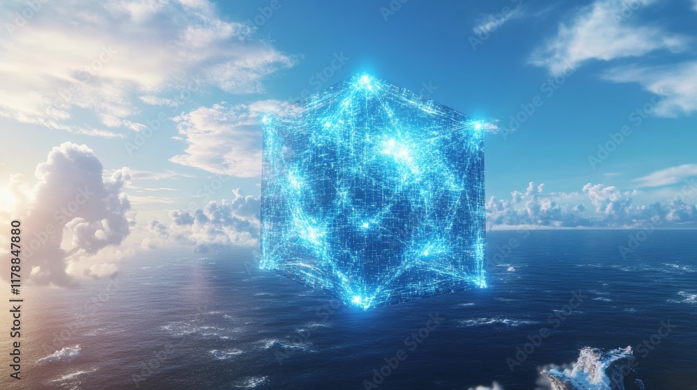 Poster a blue cube is floating in the ocean. the cube is surrounded by a blue light. the sky is cloudy and 