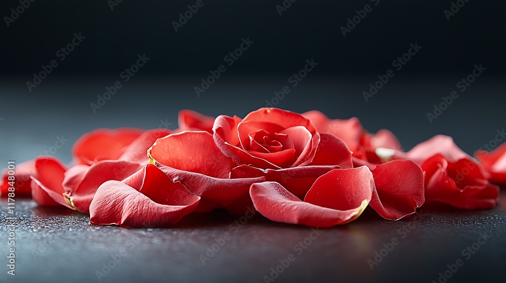 Poster vibrant red roses artfully arranged in a captivating spiral pattern resting on a reflective surface 