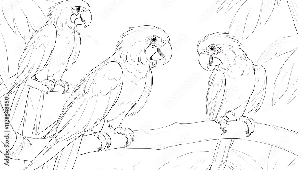 Poster black and white line drawing of three parrots on a branch.. this black and white line drawing showca