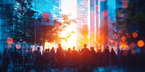 Fototapeta premium Silhouetted figures stand before a vibrant sunset in a city.