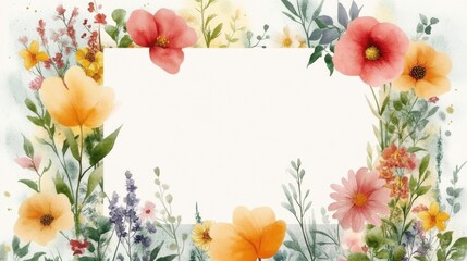 Watercolor blank greeting card template, floral border. Holiday template with copy space