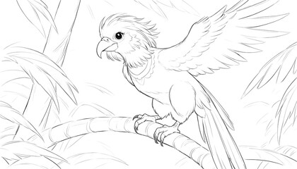 Detailed line art sketch of a parrot perched in a jungle setting. A captivating black and white line art sketch showcases a parrot with outstretched wings