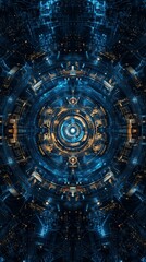 Fototapeta premium Abstract digital art featuring a symmetrical circular pattern with blue and gold hues, resembling a high-tech interface.