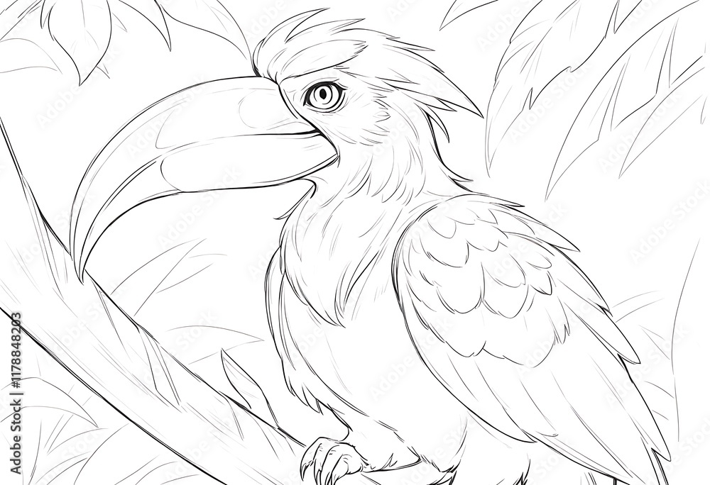 Poster detailed line drawing of a toucan perched on a branch. a captivating line drawing of a toucan perche