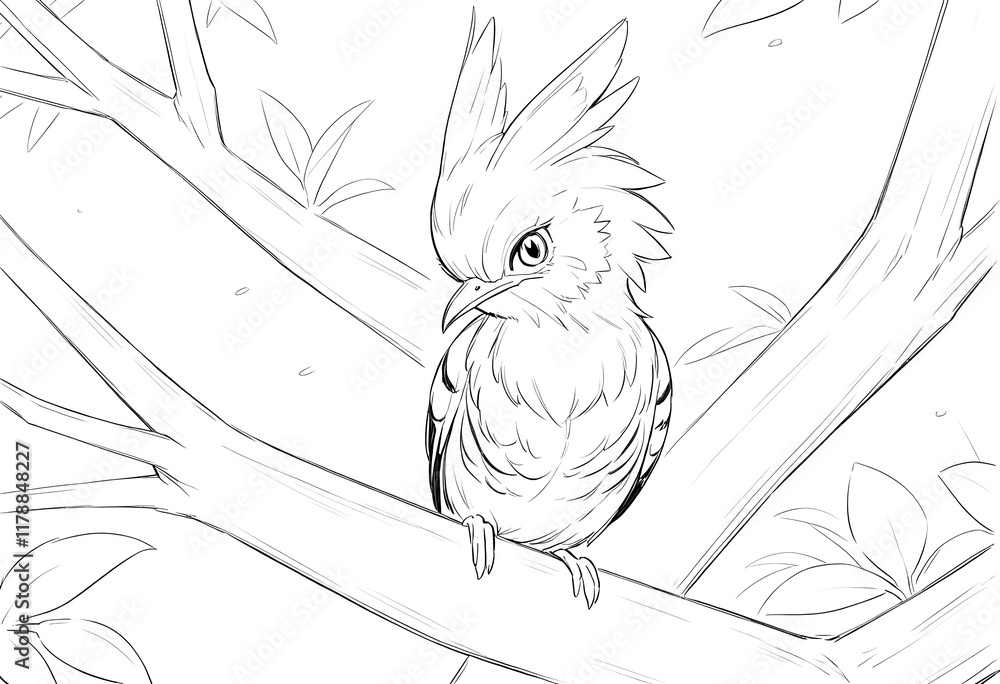 Poster detailed line art of a unique bird perched on a branch. a captivating black and white line drawing o