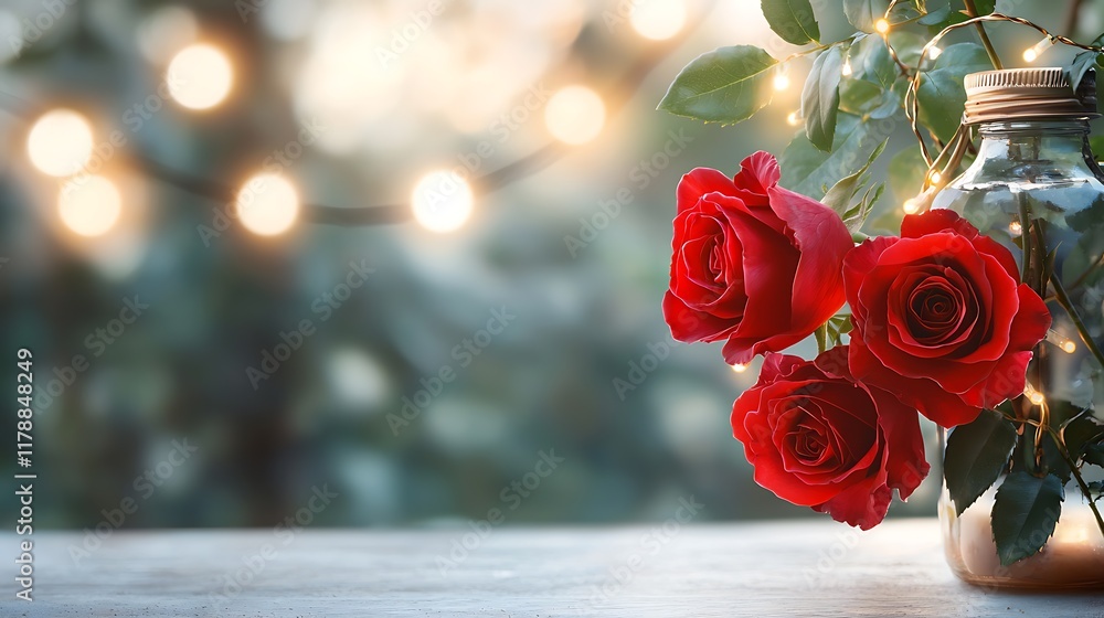 Aufkleber vibrant red roses glowing softly under a string of festive lights creating a romantic and elegant at