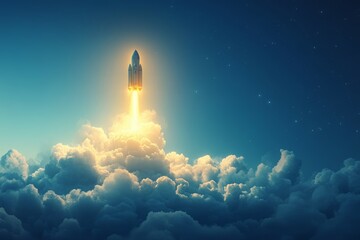 Fototapeta premium A stunning rocket ascends into a glowing night sky, piercing through a sea of fluffy clouds. This image captures the spirit of exploration and innovation in aerospace.