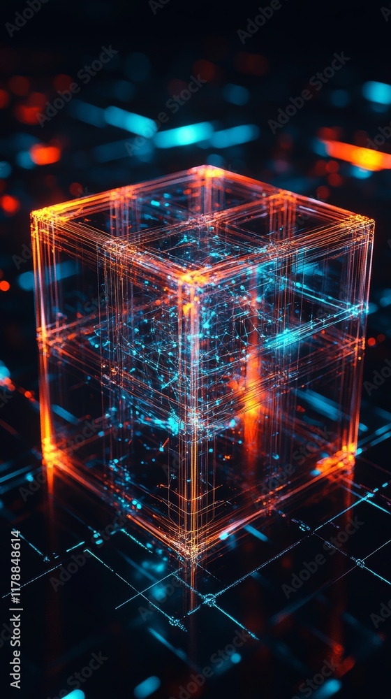 Poster a cube is shown in a blue and orange color. the cube is surrounded by a pattern of blue and orange l