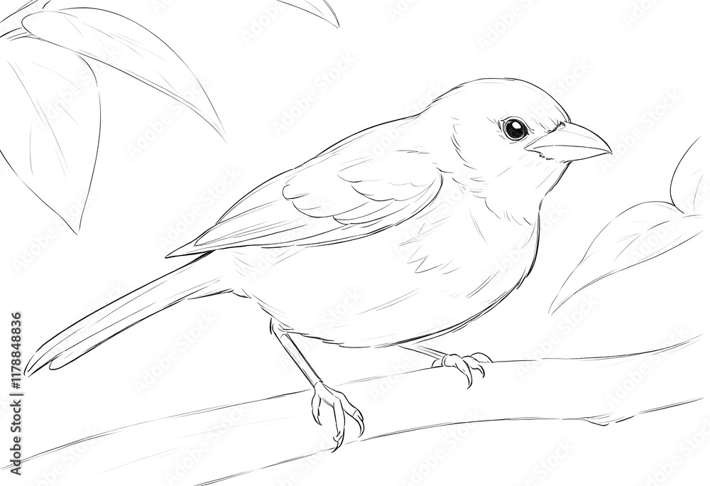 Poster detailed line drawing of a bird perched on a branch. a meticulously drawn line art sketch of a small