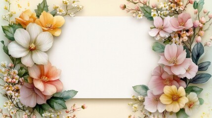 Watercolor blank greeting card template, floral border. Holiday template with copy space