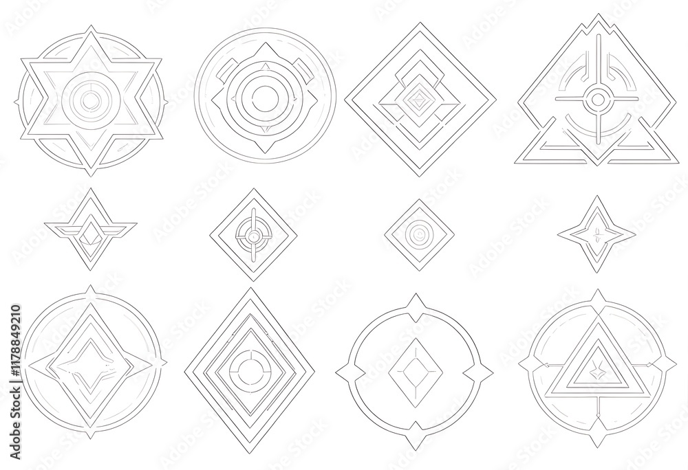 Poster collection of abstract geometric symbols. a collection of intricate line-art geometric symbols perfe