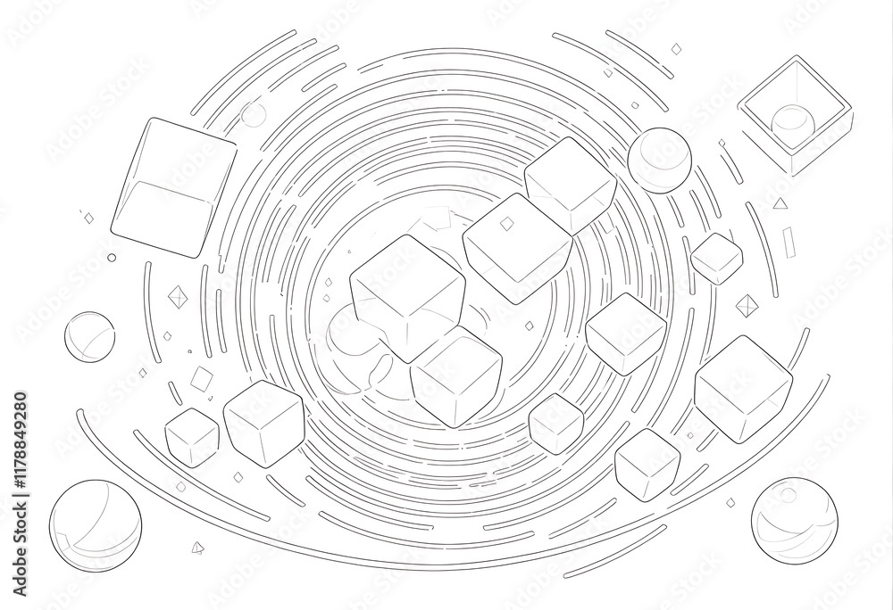 Poster abstract geometric shapes in a cosmic spiral design. this vector graphic features a mesmerizing arra