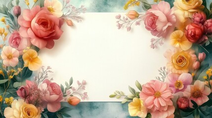 Watercolor blank greeting card template, floral border. Holiday template with copy space
