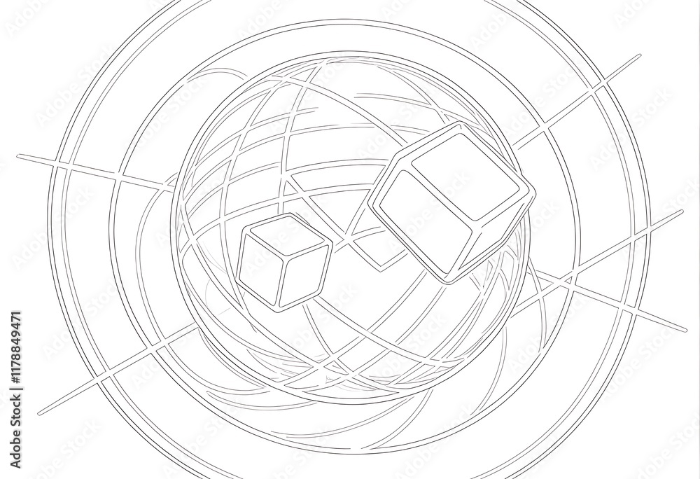 Poster abstract design of a sphere with cubes conceptual illustration. a grayscale abstract illustration of