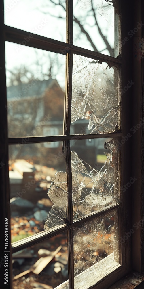 Poster a broken window pane with sunlight streaming through, revealing a rustic autumn scene with trees and