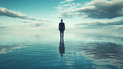lucid relaxation, man in suit standing on top of water gravityless and with sky on top