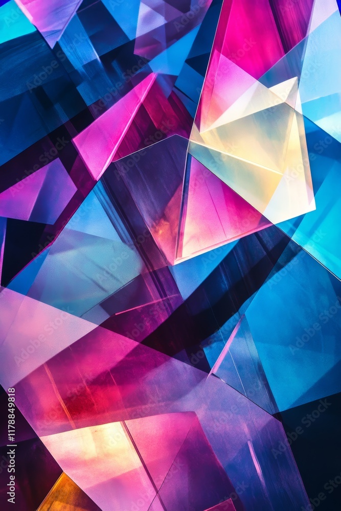 Poster colorful abstract geometric composition featuring glass shapes with dynamic lighting, creating a vib