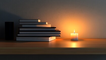 A sleek modern desk with a pile of books and a candle casting a gentle flickering light