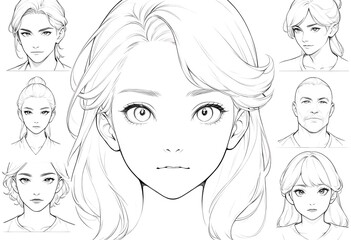 Manga-style face and hair reference drawing collection. A collection of detailed line art drawings showcasing various female and male face and hair structures