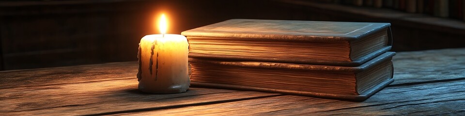 A stack of books on an old wooden table illuminated by the warm glow of a lit candle