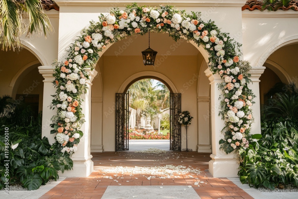 Poster beautiful archway with white flowers and a white light hanging from it is in front of a building wit