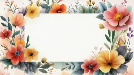 Watercolor blank greeting card template, floral border. Holiday template with copy space