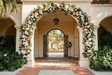 Fototapeta premium Beautiful archway with white flowers and a white light hanging from it is in front of a building with a large archway