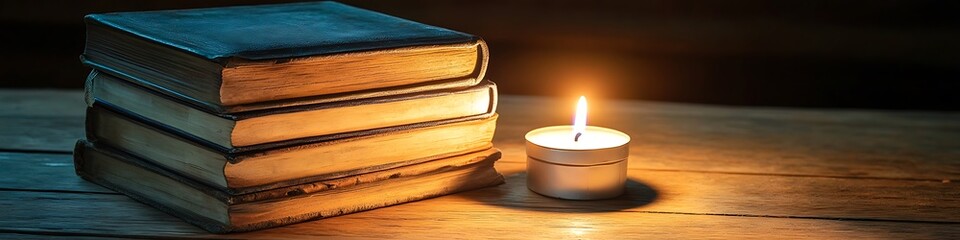 A stack of books on an old wooden table illuminated by the warm glow of a lit candle