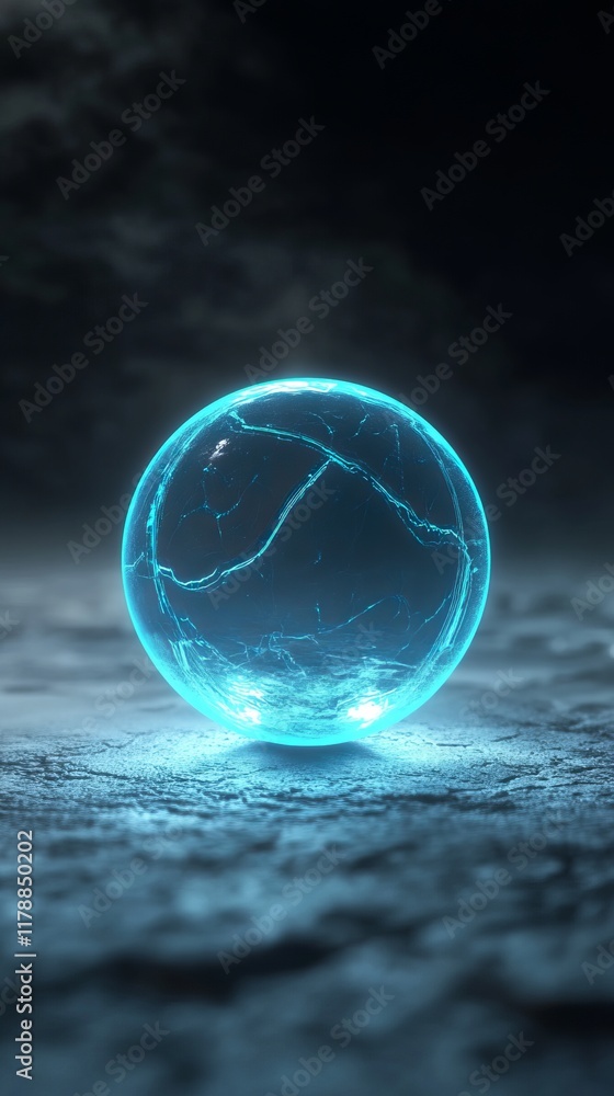 Poster a luminous blue sphere emits a mystical glow on a textured dark surface, creating an enigmatic and f