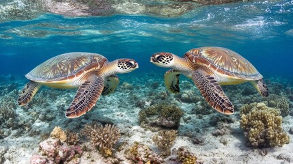 Fototapeta premium Two Green Sea Turtles Underwater Coral Reef Encounter