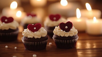 65.A romantic scene with chocolate and vanilla cupcakes adorned with red velvet hearts, edible pearls, and delicate lace-patterned frosting, set on a wooden table with a glowing candle centerpiece.