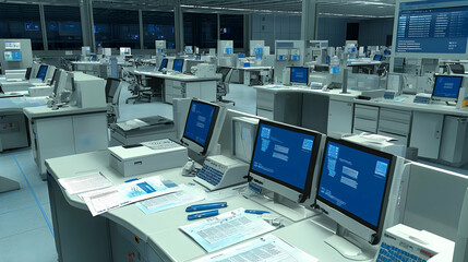 Night-shift workers in a modern control room monitor screens; city lights visible through windows; for technology or industry articles.