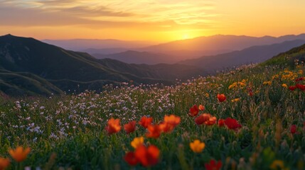 A breathtaking view of a sunset over a colorful wildflower meadow in a mountainous landscape, showcasing nature's serene beauty.