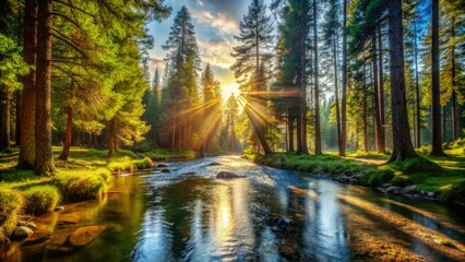 Fototapeta premium Serene river winds through majestic pines, a rule-of-thirds composition capturing nature's grandeur.