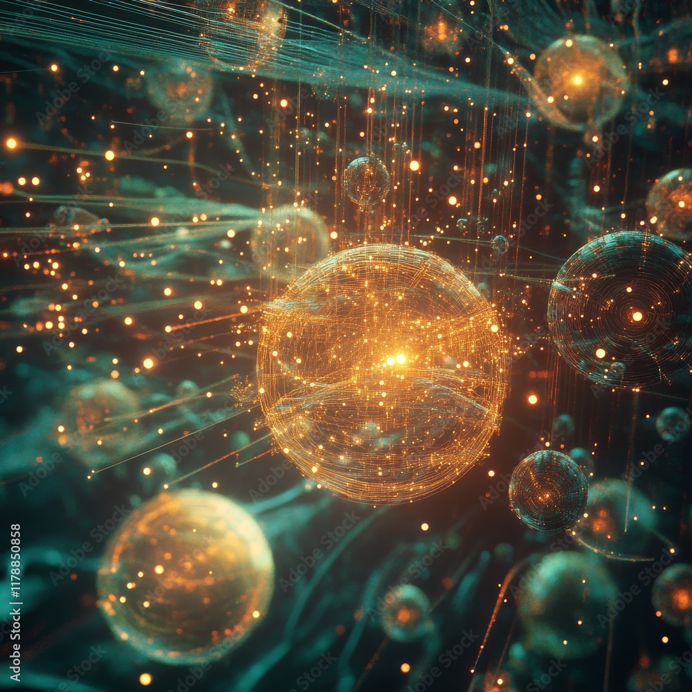 Poster surreal digital universe with floating data spheres in glowing visualization of cosmic elements